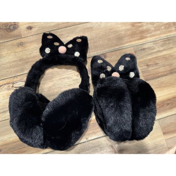 NEW Women’s Earmuffs Eurasier Spitz Ears Fuzzy Fun Warm Bow Bling Black Gold - Picture 3 of 10